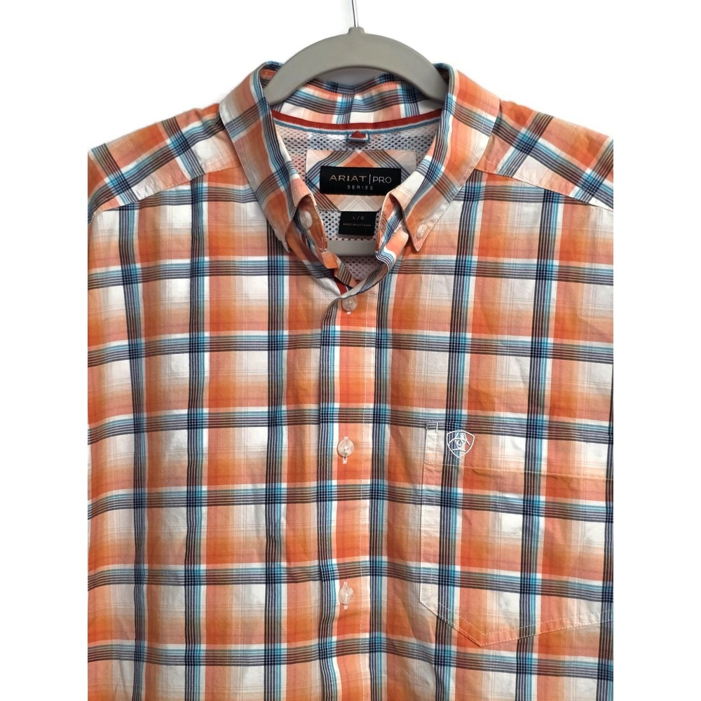 Ariat Pro Series Mens Large Orange Blue Plaid Short Sleeve Western Button Shirt